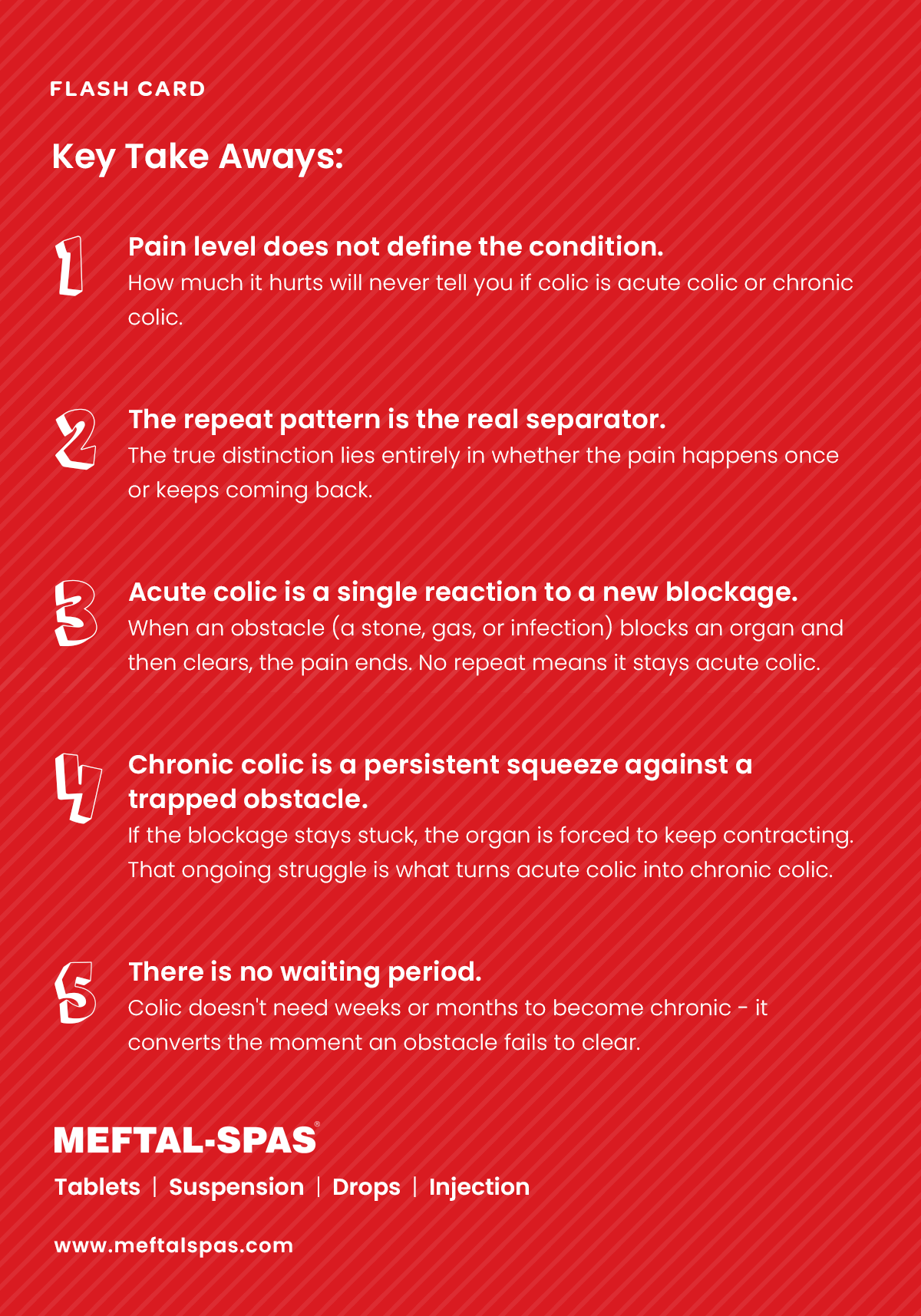 Key takeaways explaining that pain intensity does not distinguish acute from chronic colic; instead, the key factors are whether the pain resolves after a temporary cause or persists or recurs due to an ongoing underlying problem.